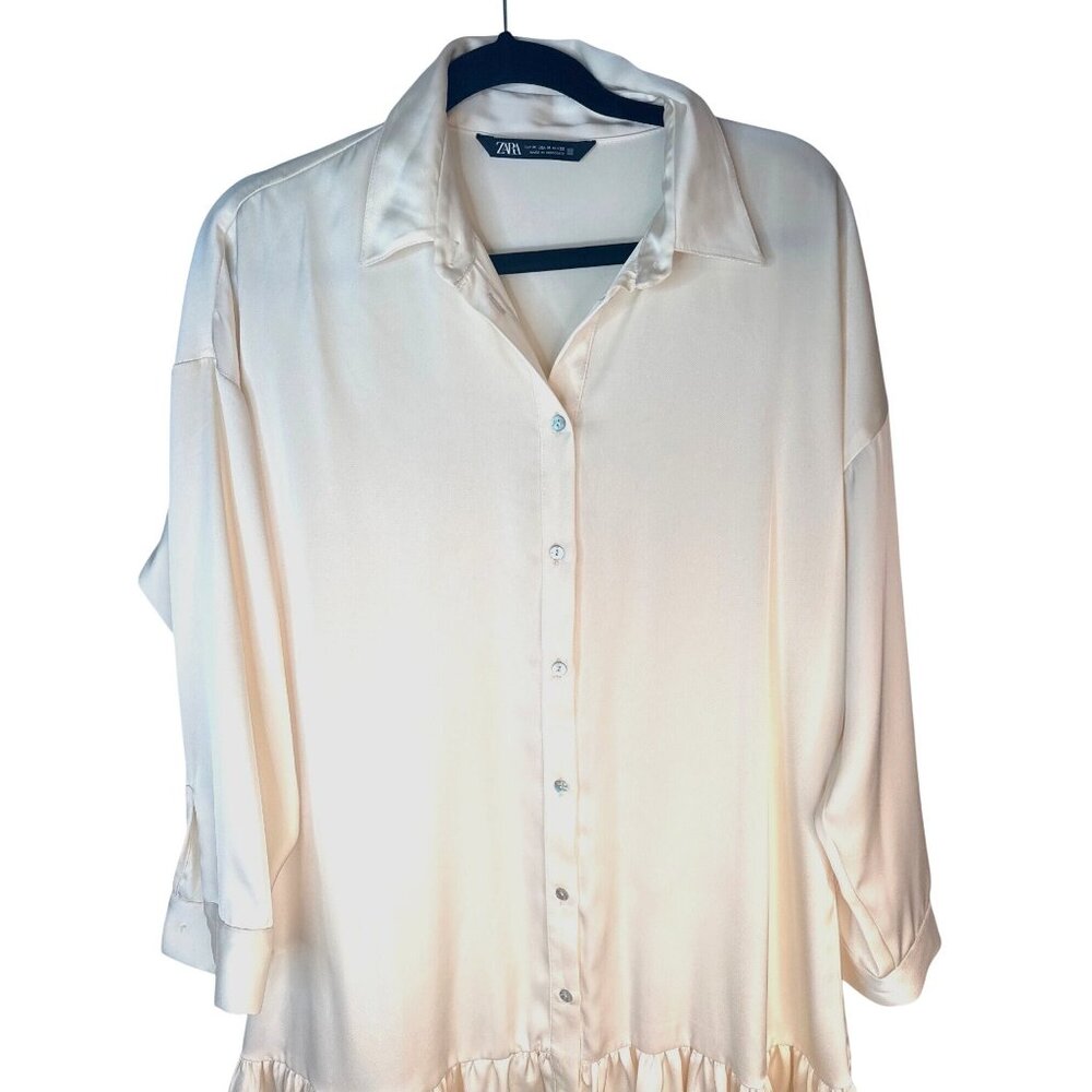 ZARA Cream Medium Satin Button-Up Drop Sleeve Ruffle Hem Shirt Dress - Picture 7 of 14